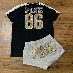 VS PINK BLING 86 TSHIRT / RETRO SHORTS OUTFIT SET S